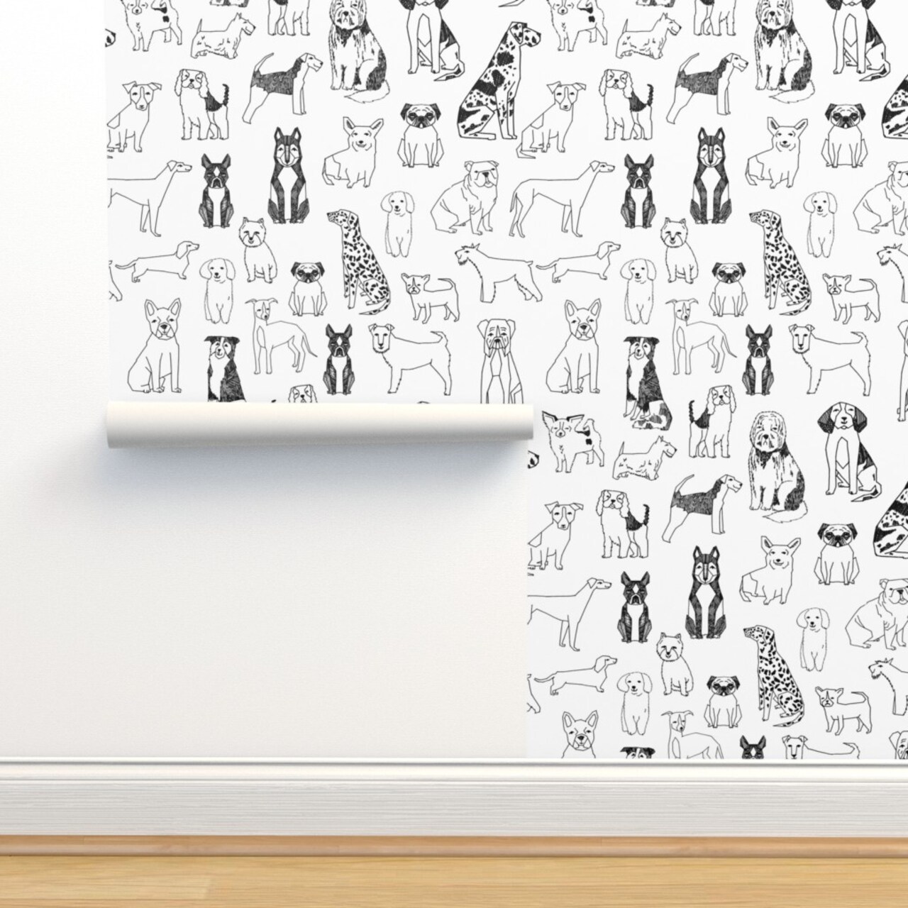 Black White Dogs Ink Drawing Dalmatian Labrador Retriever Terrier St Bernard Dog Breeds Custom Removable Wallpaper by Spoonflower Peel & Stick Wallpaper 2FT Wide